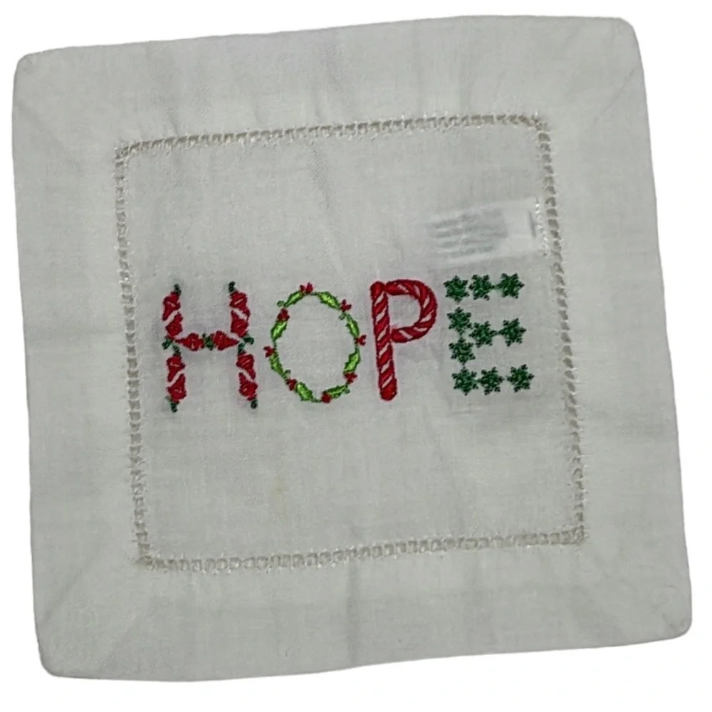 CHRISTMAS White Cotton Holiday Embroidered Cocktail Napkins Set of 4